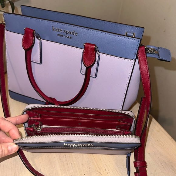 Kate Spade Satchel + Crossbody Strap + Zip Wallet Matching Set Blue Lavender Red - Picture 4 of 9